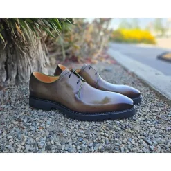 Carrucci Mens Olive Green Lace-up Oxford Leather Dress Shoes With Lug Sole