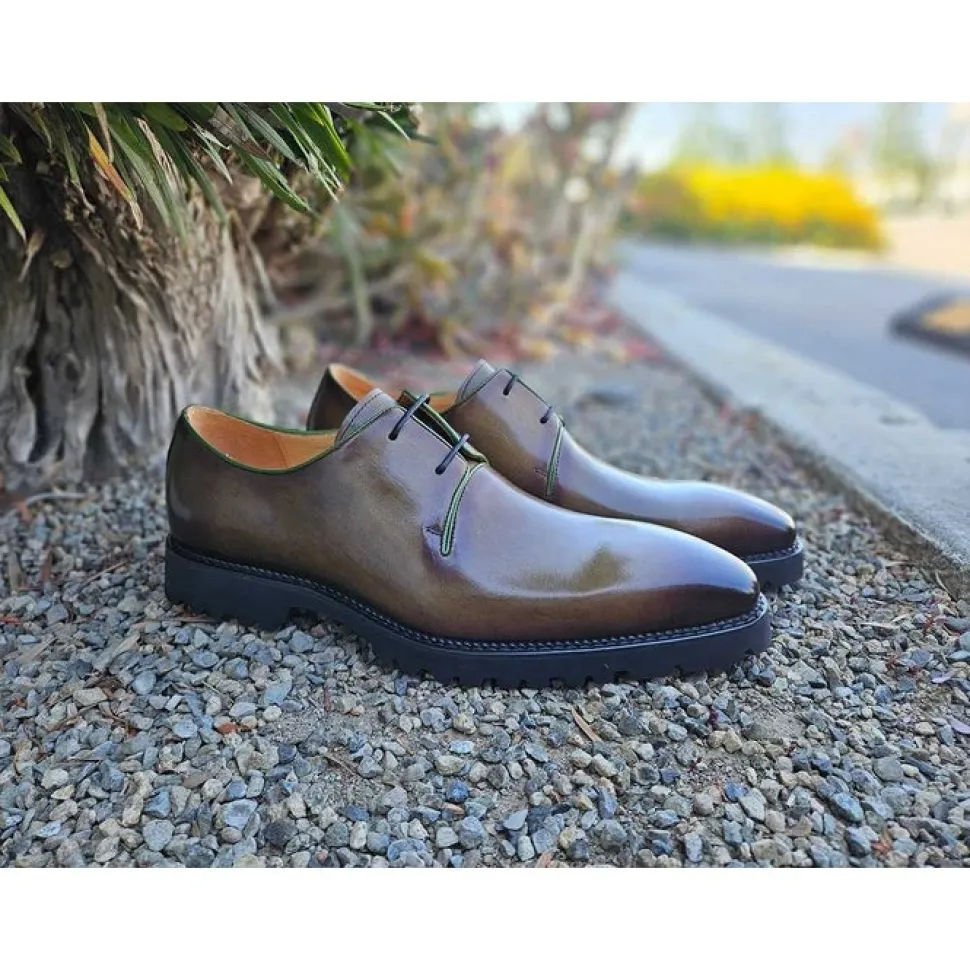 Carrucci Mens Olive Green Lace-up Oxford Leather Dress Shoes With Lug Sole