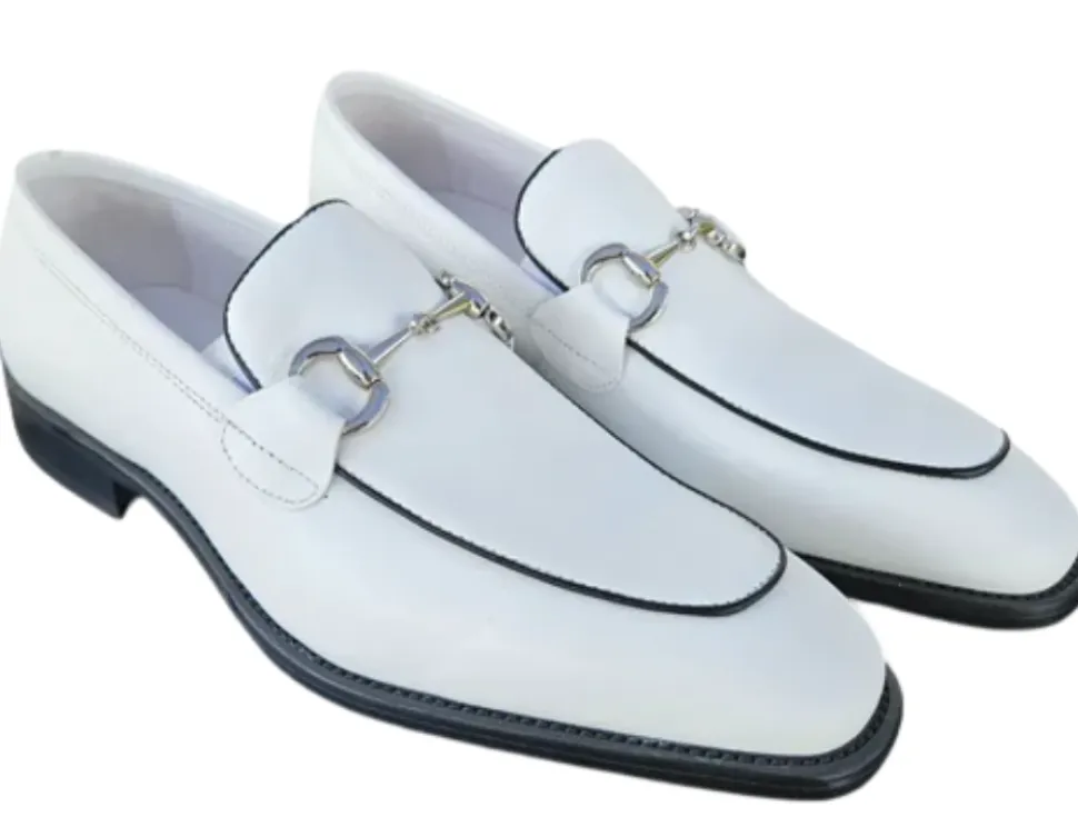 Carrucci Men's White Burnished Calfskin Horsebit Loafer Dress Shoes