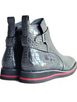 Carrucci Vesper Black Croc Embossed Leather Cross Strap Wedge Boots