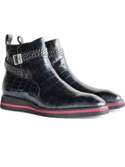 Carrucci Vesper Black Croc Embossed Leather Cross Strap Wedge Boots