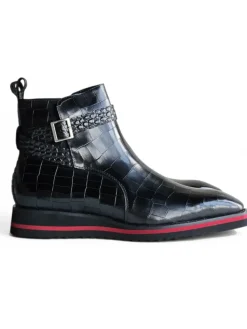 Carrucci Vesper Black Croc Embossed Leather Cross Strap Wedge Boots