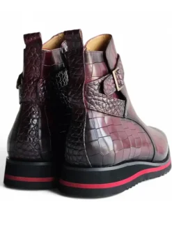Carrucci Vesper Burgundy Croc Embossed Leather Cross Strap Wedge Boots