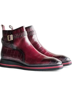 Carrucci Vesper Burgundy Croc Embossed Leather Cross Strap Wedge Boots
