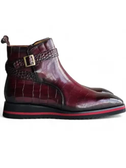 Carrucci Vesper Burgundy Croc Embossed Leather Cross Strap Wedge Boots