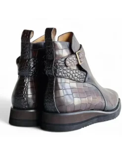 Carrucci Vesper Chestnut Croc Embossed Leather Cross Strap Wedge Boots