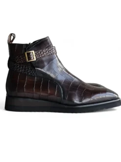 Carrucci Vesper Chestnut Croc Embossed Leather Cross Strap Wedge Boots