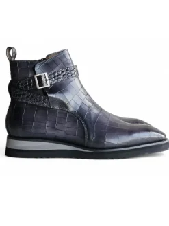 Carrucci Vesper Gray Croc Embossed Leather Cross Strap Wedge Boots