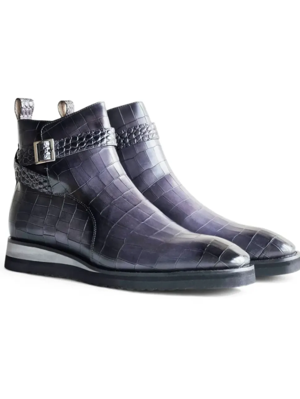 Carrucci Vesper Gray Croc Embossed Leather Cross Strap Wedge Boots