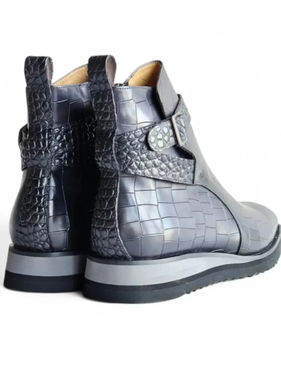 Carrucci Vesper Gray Croc Embossed Leather Cross Strap Wedge Boots