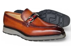 Carrucci Whisky Brown Full Grain Leather Horsebit Hybrid Sole Loafers