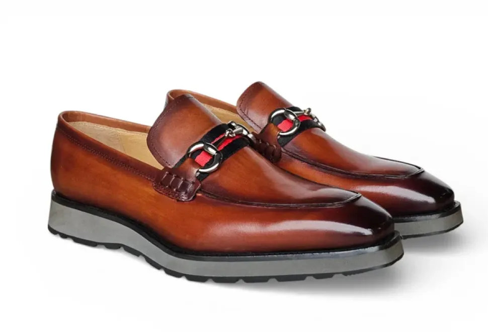 Carrucci Whisky Brown Full Grain Leather Horsebit Hybrid Sole Loafers