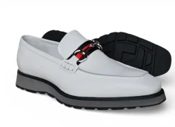Carrucci White Full Grain Leather Horsebit Hybrid Sole Loafers