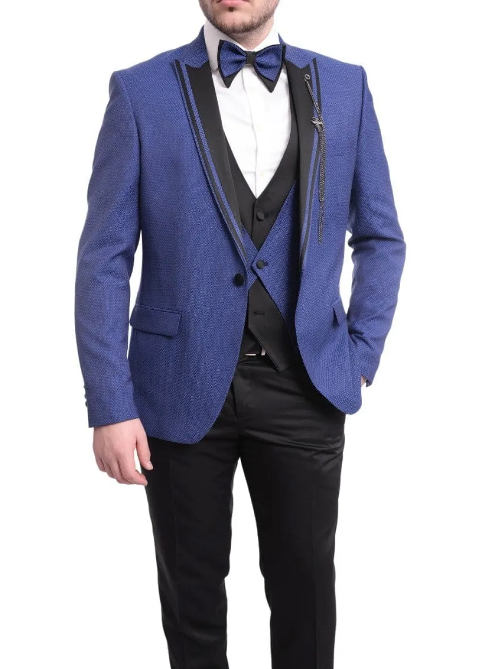 Cemden Extra Slim Fit Blue Diamond Motif One Button Tuxedo With Matching Vest