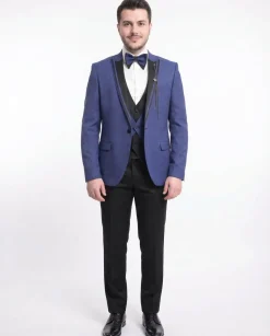 Cemden Extra Slim Fit Blue Diamond Motif One Button Tuxedo With Matching Vest