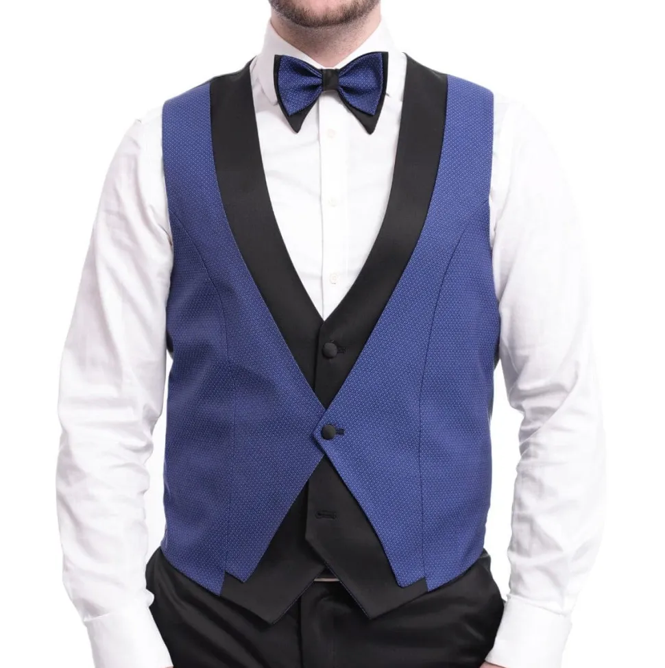 Cemden Extra Slim Fit Blue Diamond Motif One Button Tuxedo With Matching Vest