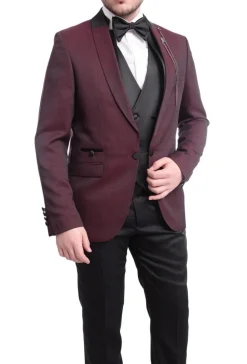 Cemden Extra Slim Fit Burgundy With Black Diamond Check Three Piece Tuxedo