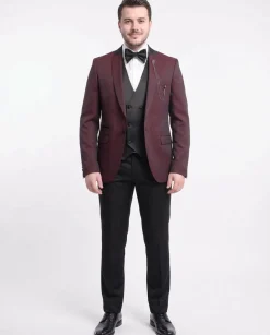 Cemden Extra Slim Fit Burgundy With Black Diamond Check Three Piece Tuxedo