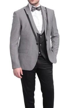 Cemden Extra Slim Fit Gray With Black Diamond Check Three Piece Tuxedo