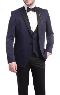 Cemden Extra Slim Fit Navy Blue Textured One Button Tuxedo