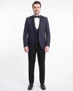 Cemden Extra Slim Fit Navy Blue Textured One Button Tuxedo