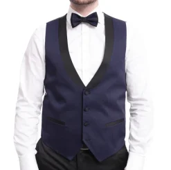 Cemden Extra Slim Fit Navy Blue Textured One Button Tuxedo With Matching Vest
