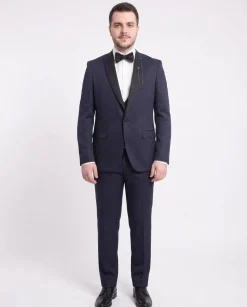 Cemden Extra Slim Fit Navy Blue Textured One Button Tuxedo With Matching Vest