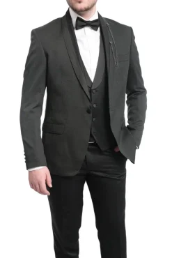 Cemden Extra Slim Fit Textured Hunter Green One Button Tuxedo With Matching Vest