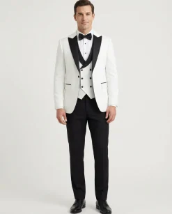 Cemden Extra Slim Fit White Textured One Button Tuxedo With Matching Vest