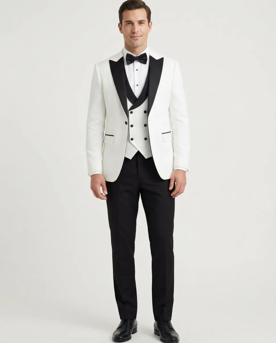 Cemden Extra Slim Fit White Textured One Button Tuxedo With Matching Vest