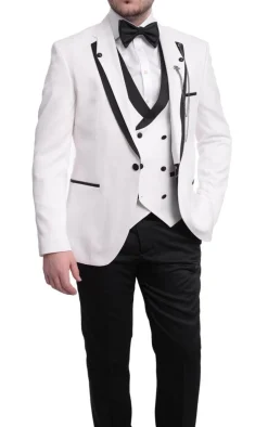 Cemden Extra Slim Fit White Textured One Button Tuxedo With Matching Vest