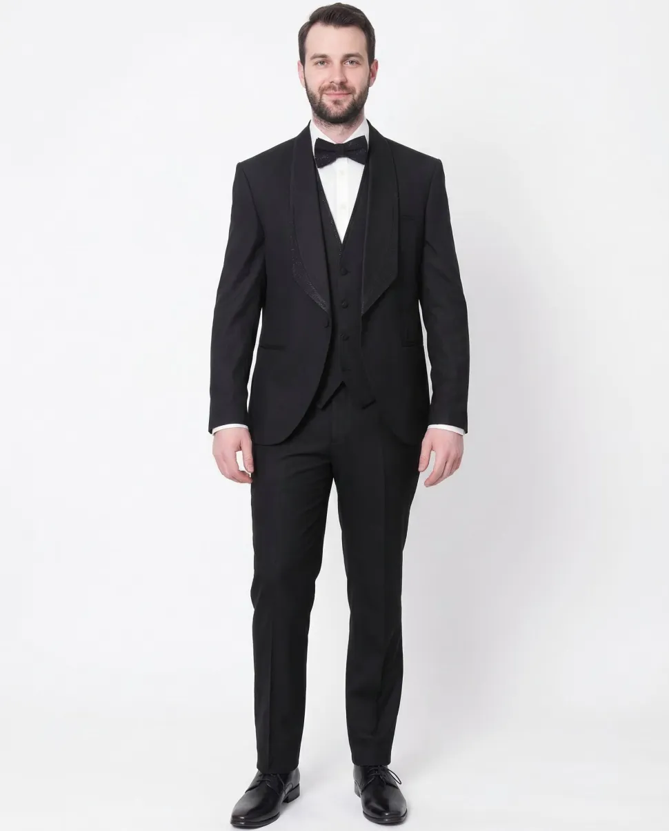 Cemden Mens Slim Fit Solid Black 1-button 3-piece Tuxedo Suit With Shimmer Lapel