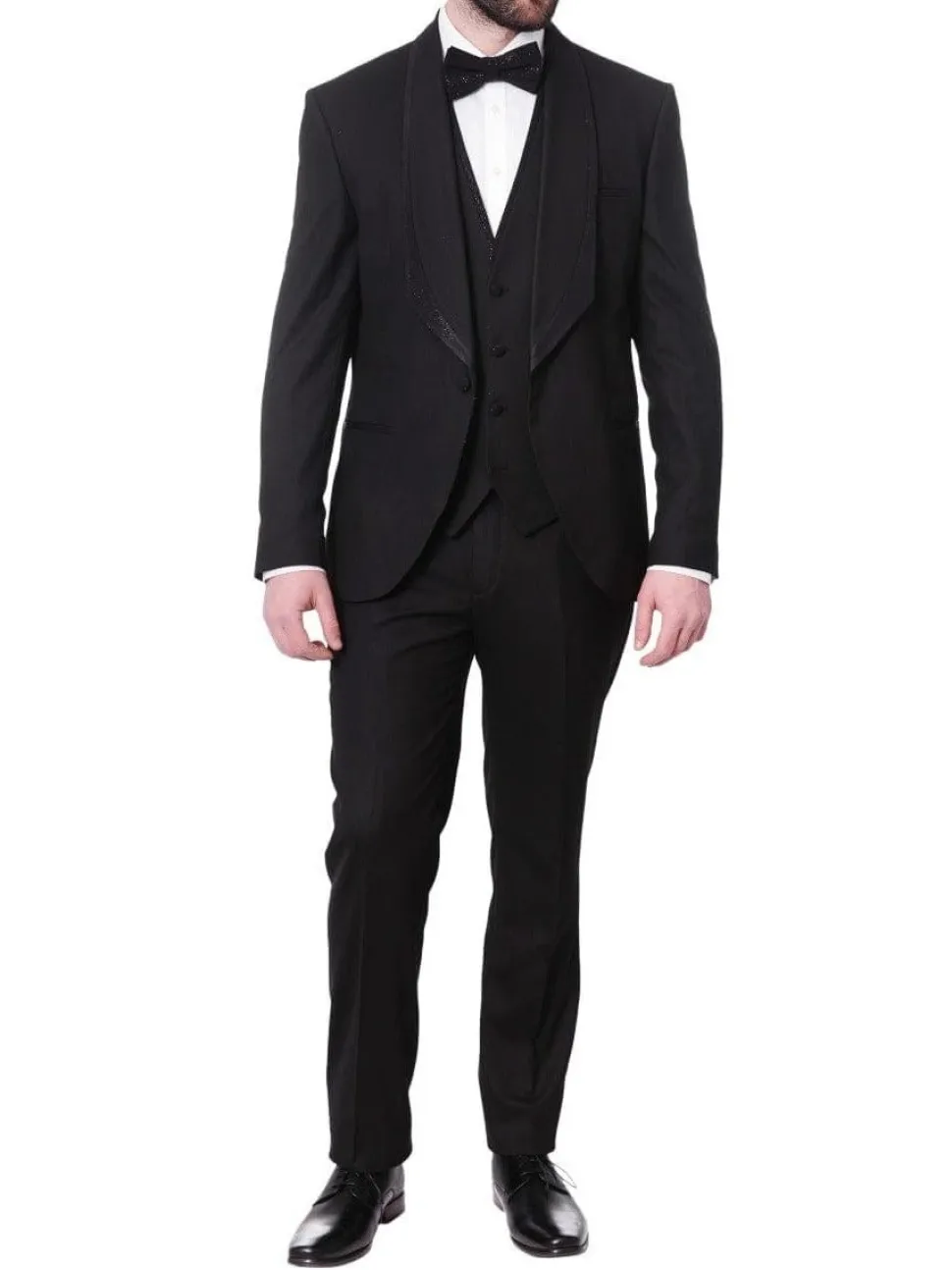 Cemden Mens Slim Fit Solid Black 1-button 3-piece Tuxedo Suit With Shimmer Lapel