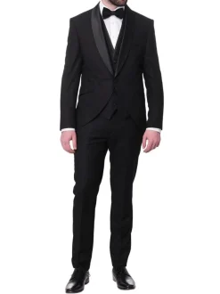 Cemden Mens Slim Fit Solid Black 1 Button 3 Piece Tuxedo Suit With Shawl Lapels