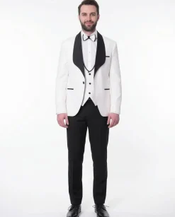 Cemden Mens Slim Fit Solid White 1-button 3 Piece Tuxedo Suit With Shawl Lapels