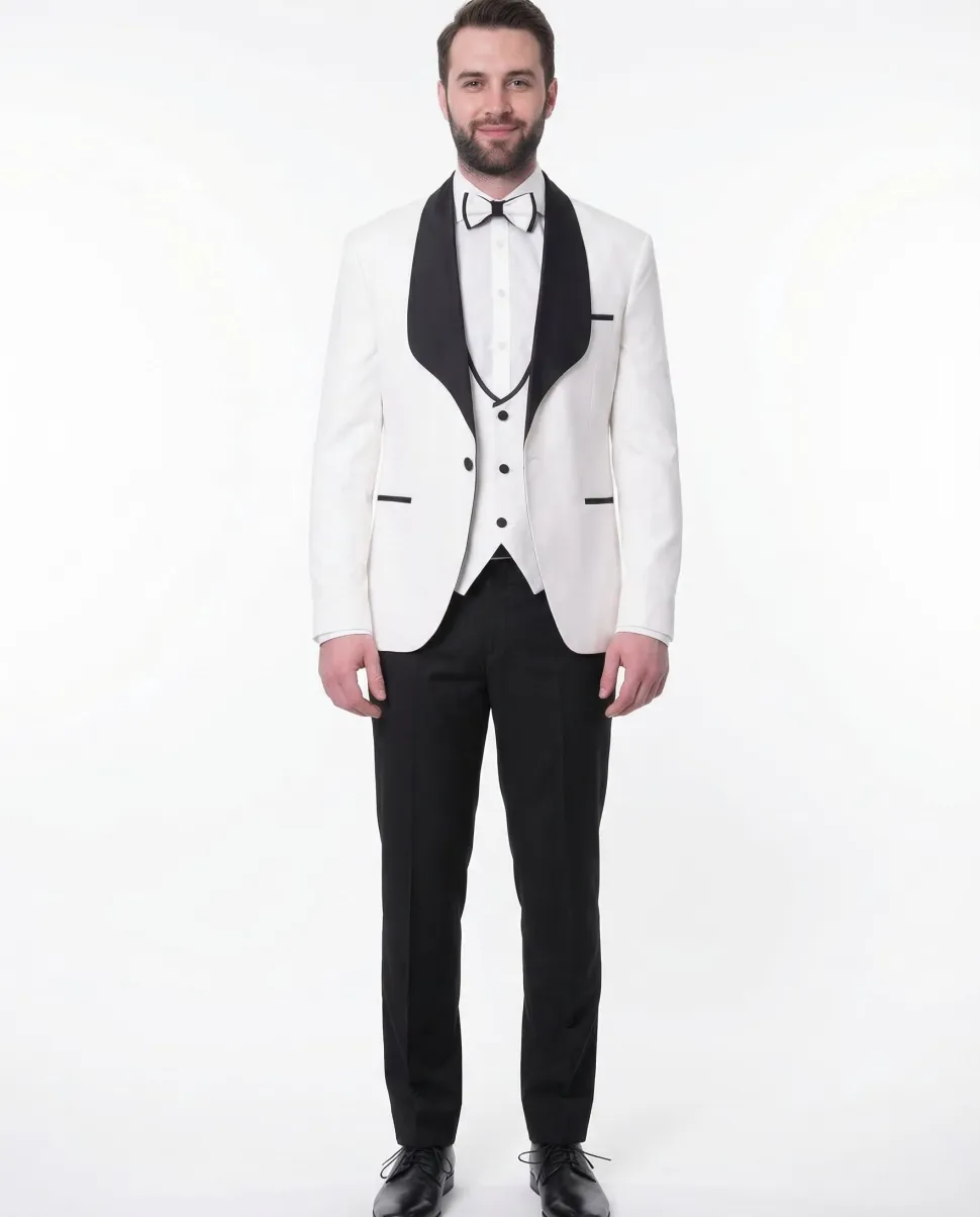 Cemden Mens Slim Fit Solid White 1-button 3 Piece Tuxedo Suit With Shawl Lapels