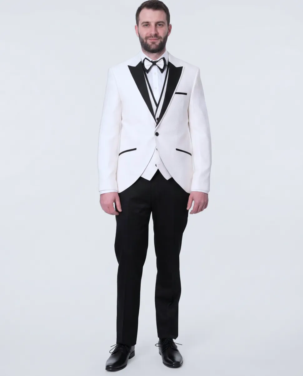 Cemden Mens Slim Fit Solid White 1-button 3 Piece Tuxedo Suit With Peak Lapels