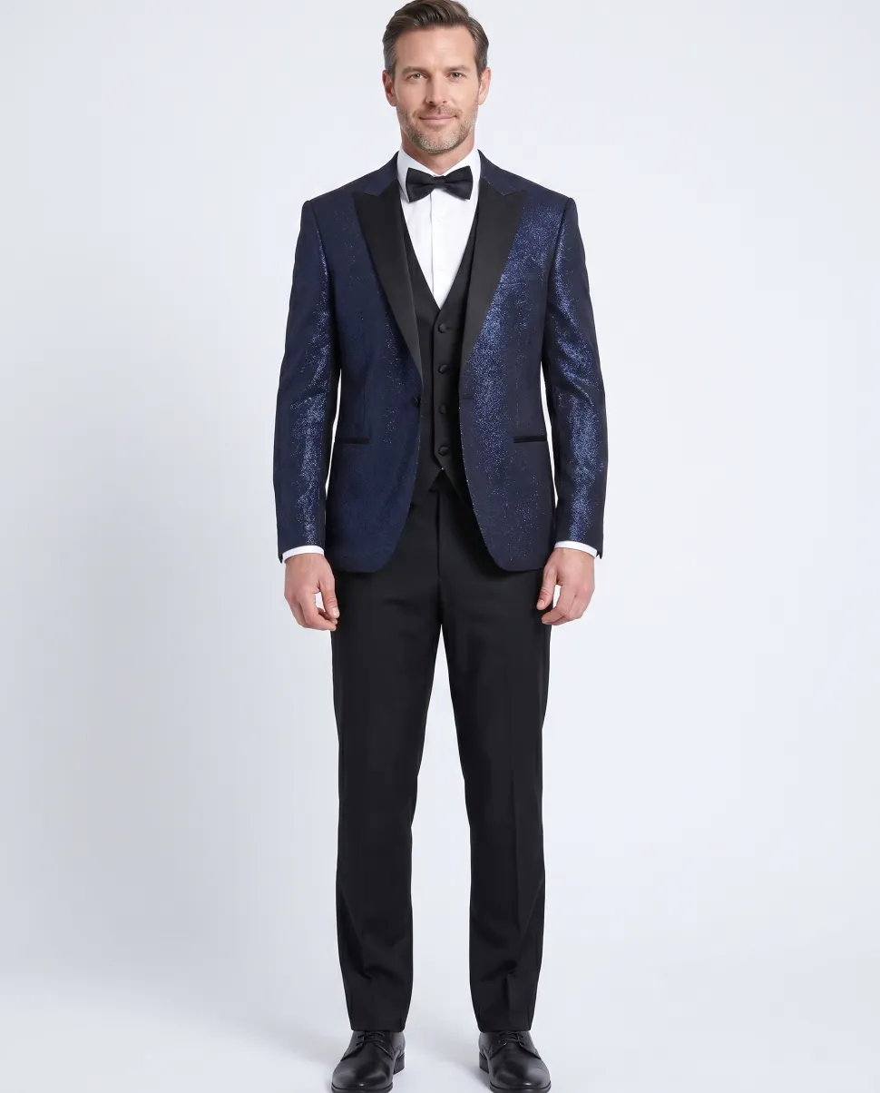 Cemden Mens Solid Blue Shimmer 3 Piece One Button Tuxedo Suit