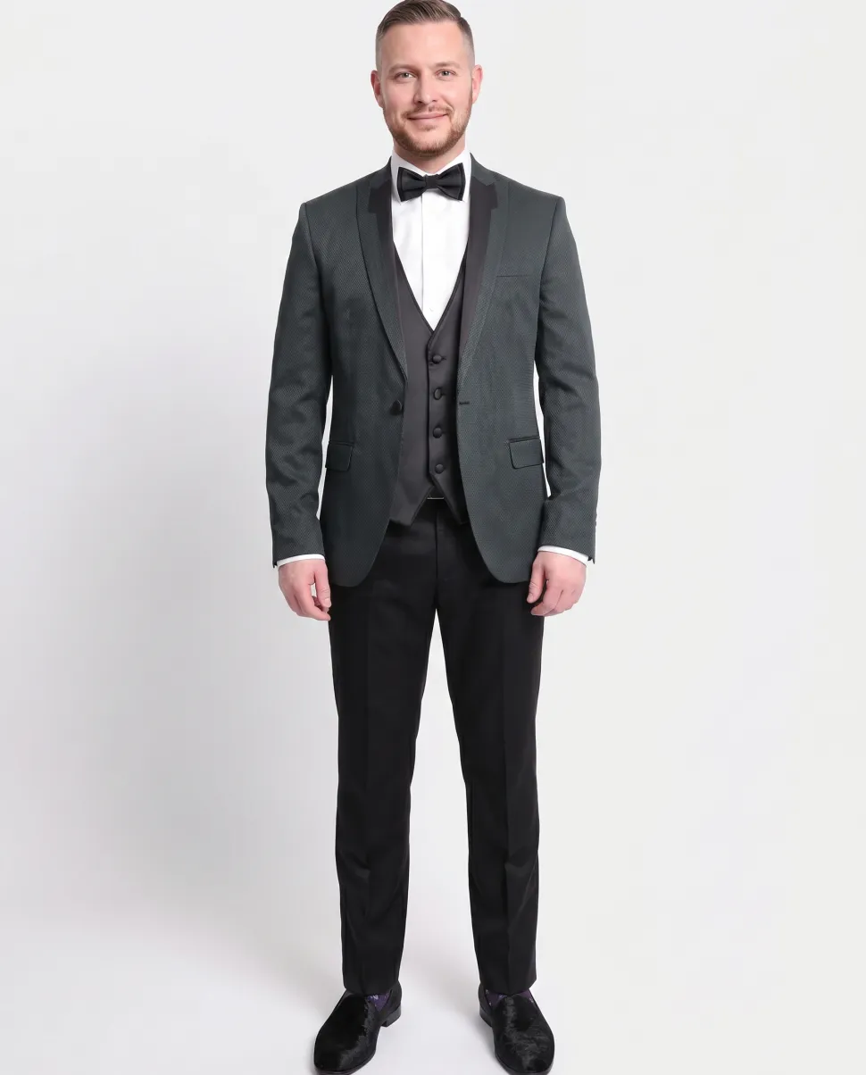 Cemden Slim Fit Green Textured One Button Three Piece Tuxedo Suit