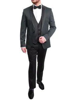 Cemden Slim Fit Green Textured One Button Three Piece Tuxedo Suit