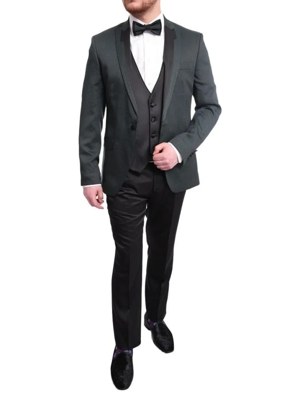 Cemden Slim Fit Green Textured One Button Three Piece Tuxedo Suit