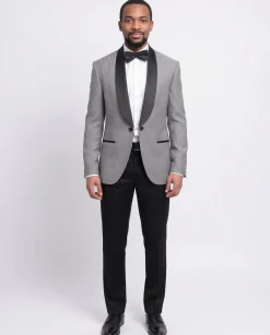 Cemden Slim Fit Silver Link Front Satin Tuxedo Suit Mandarin Collar Shawl Lapels