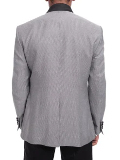 Cemden Slim Fit Silver Link Front Satin Tuxedo Suit Mandarin Collar Shawl Lapels