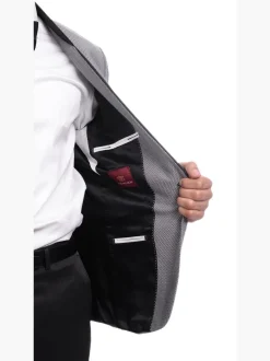 Cemden Slim Fit Silver Link Front Satin Tuxedo Suit Mandarin Collar Shawl Lapels