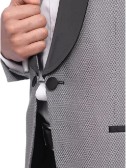 Cemden Slim Fit Silver Link Front Satin Tuxedo Suit Mandarin Collar Shawl Lapels