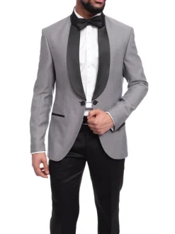 Cemden Slim Fit Silver Link Front Satin Tuxedo Suit Mandarin Collar Shawl Lapels