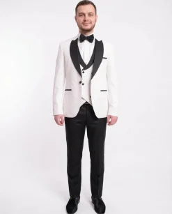 Cemden Slim Fit Textured White One Button Three Piece Tuxedo Suit