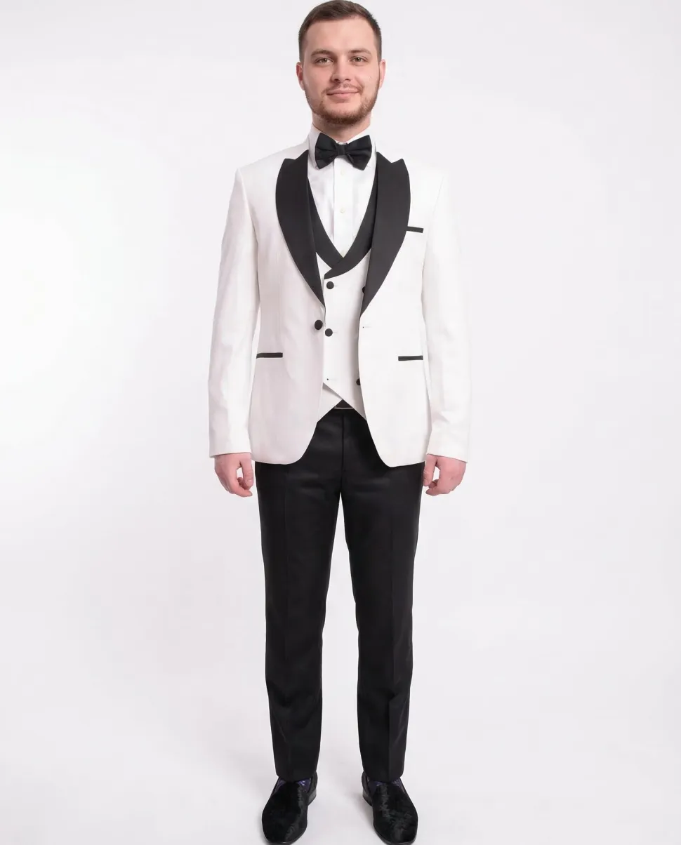 Cemden Slim Fit Textured White One Button Three Piece Tuxedo Suit
