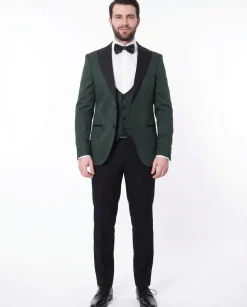 Cengizhan Baybars Mens Slim Fit Emerald Green 3-piece Tuxedo Suit Peak Lapels