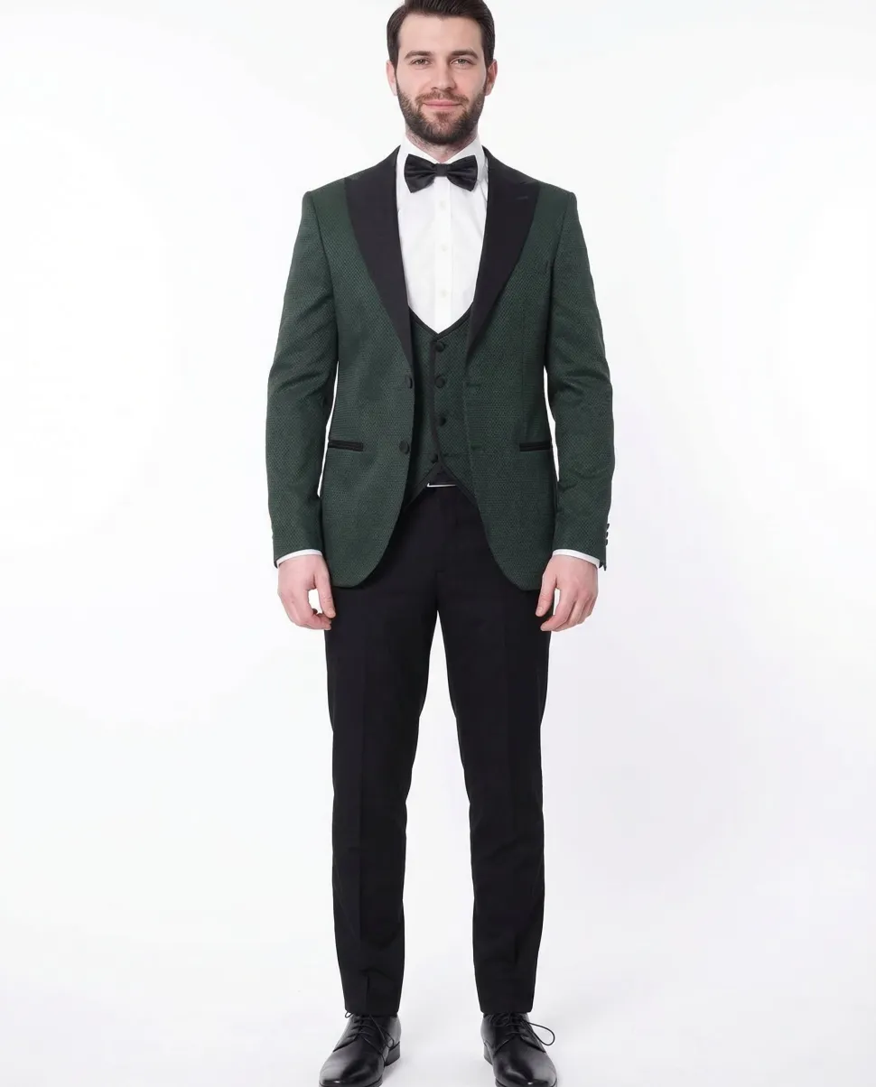 Cengizhan Baybars Mens Slim Fit Emerald Green 3-piece Tuxedo Suit Peak Lapels